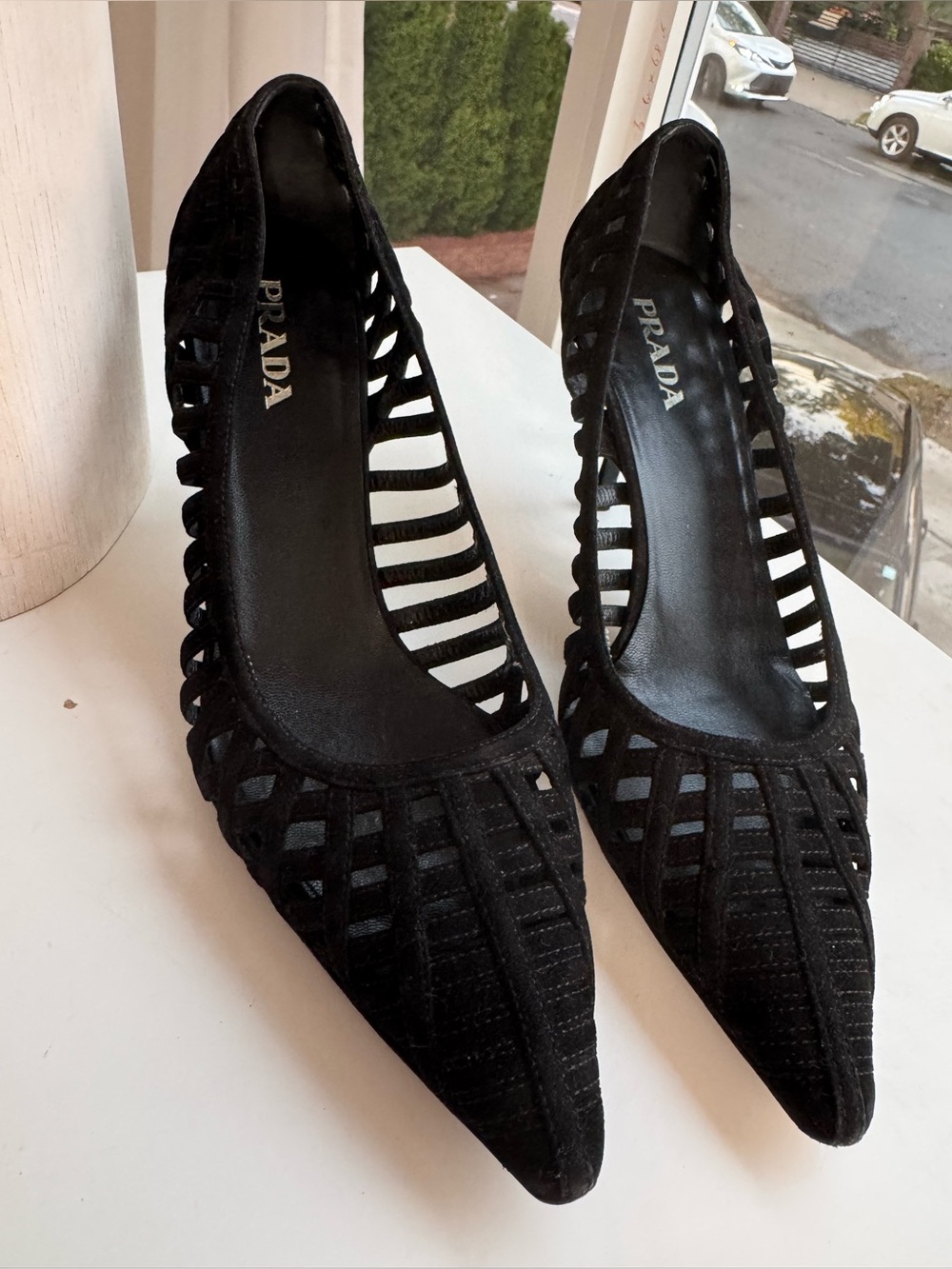 Prada Black Cutout Suede Pointed Toe Kitten Heel Pumps Size 38